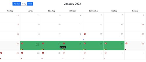 Fährst Du mit dem Mauszeiger über einen farbigen Punkt, werden Dir alle Tage des Urlaubs farbig markiert angezeigt.
